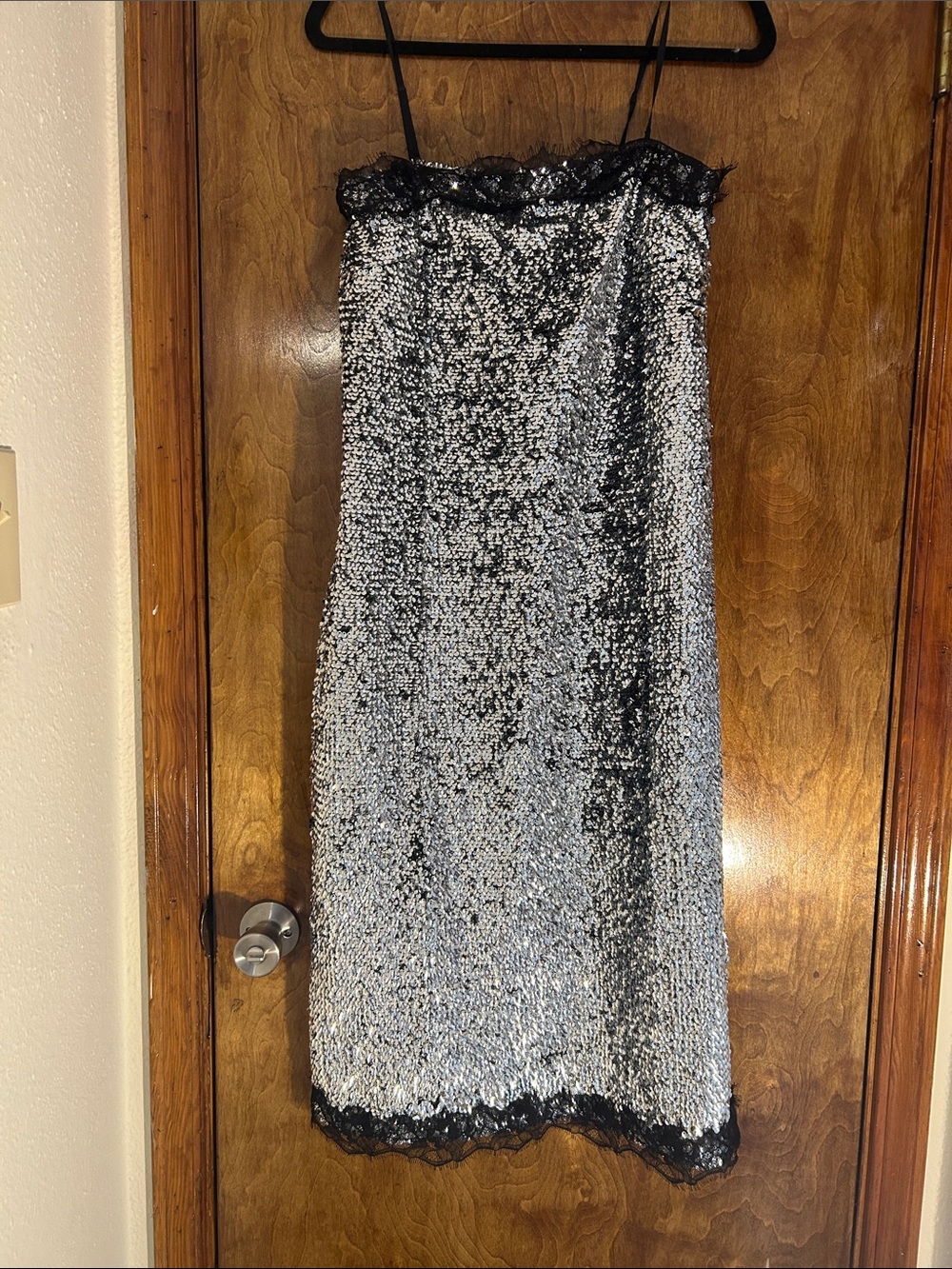 Silver Sequin Slip Dress with Black Lace Trim